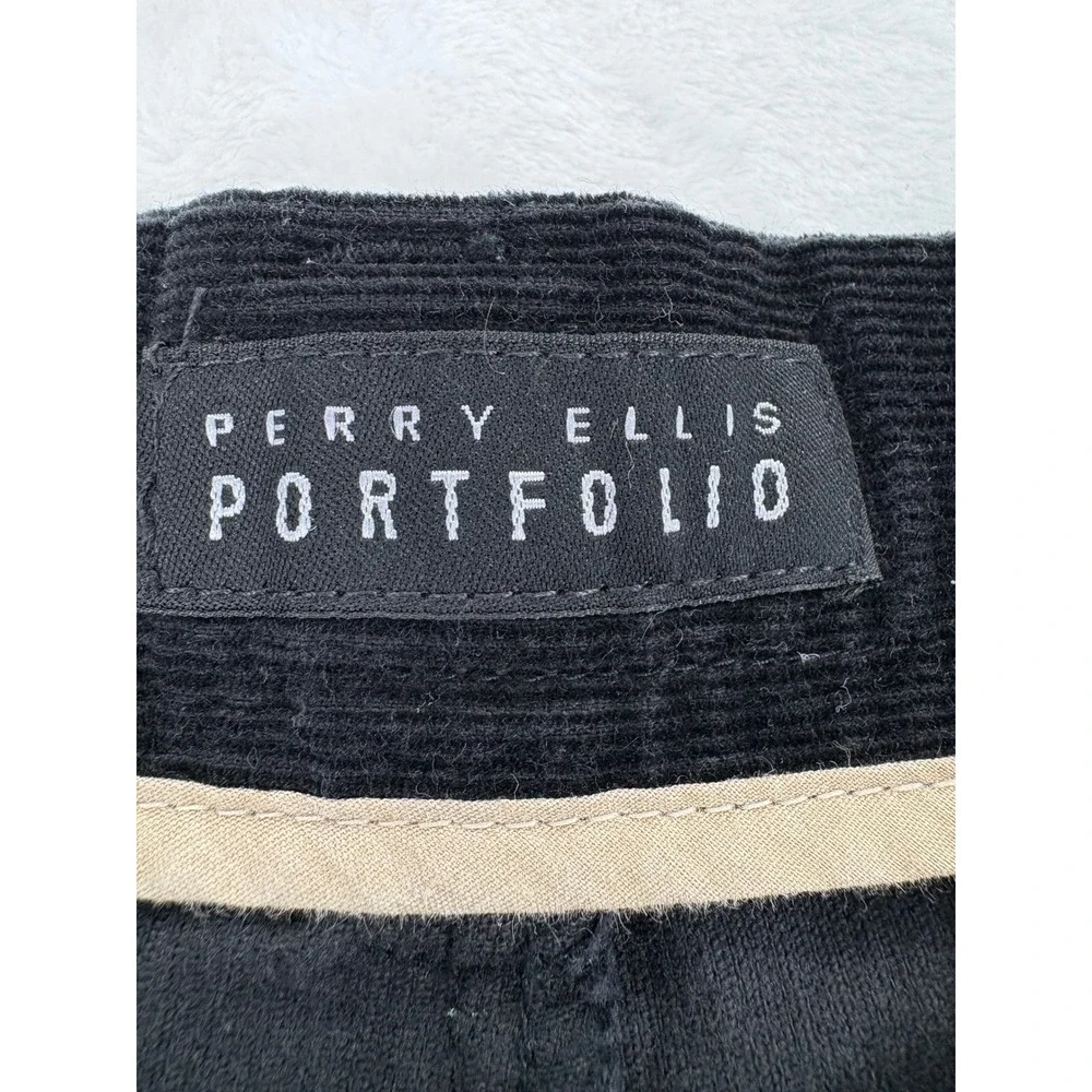 Perry Ellis Portfolio Pants 34/30 Pleated Corduroy Black Cotton Straight Leg